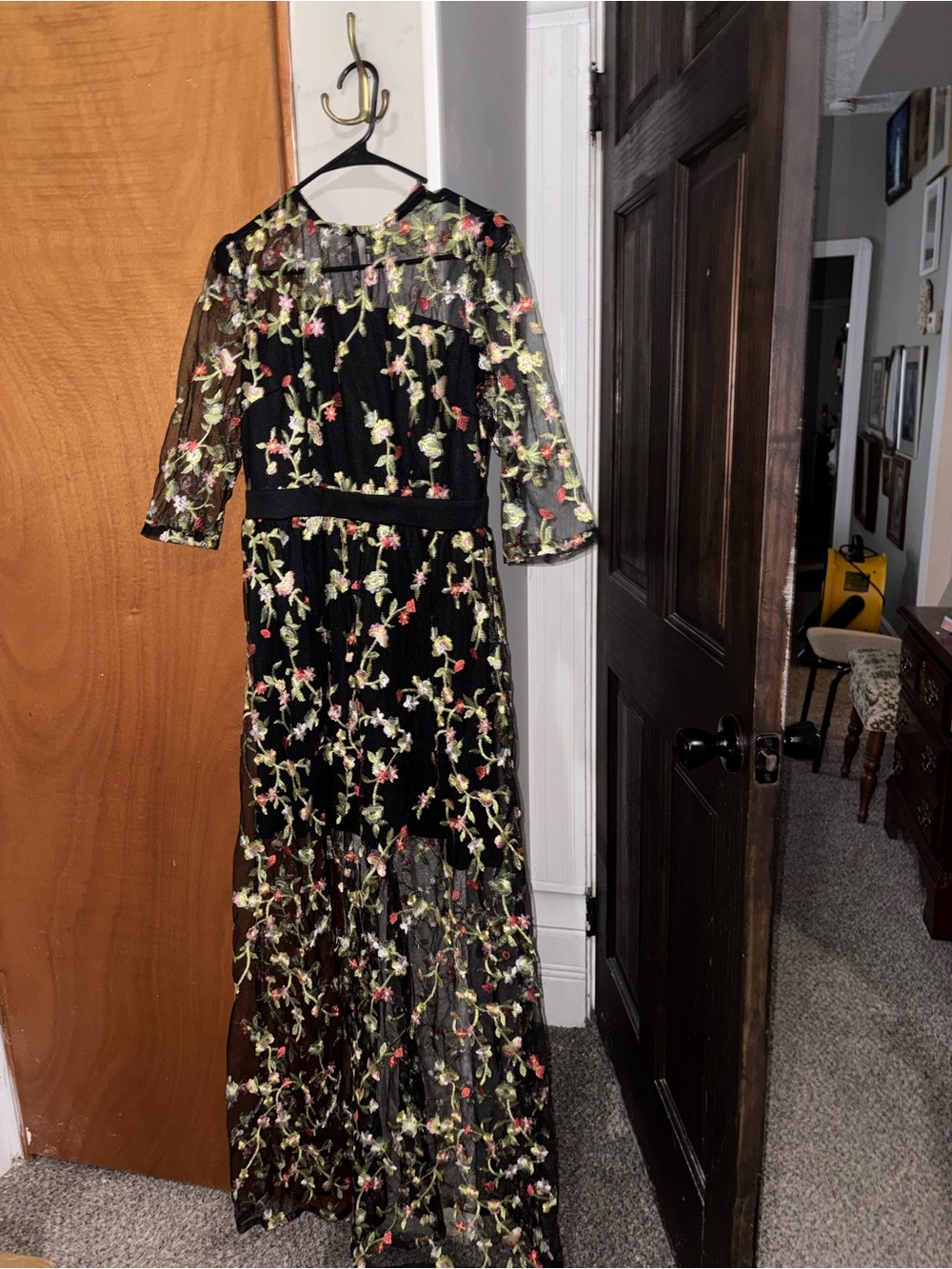 Girls Black Floral Embroidered Maxi Dress
